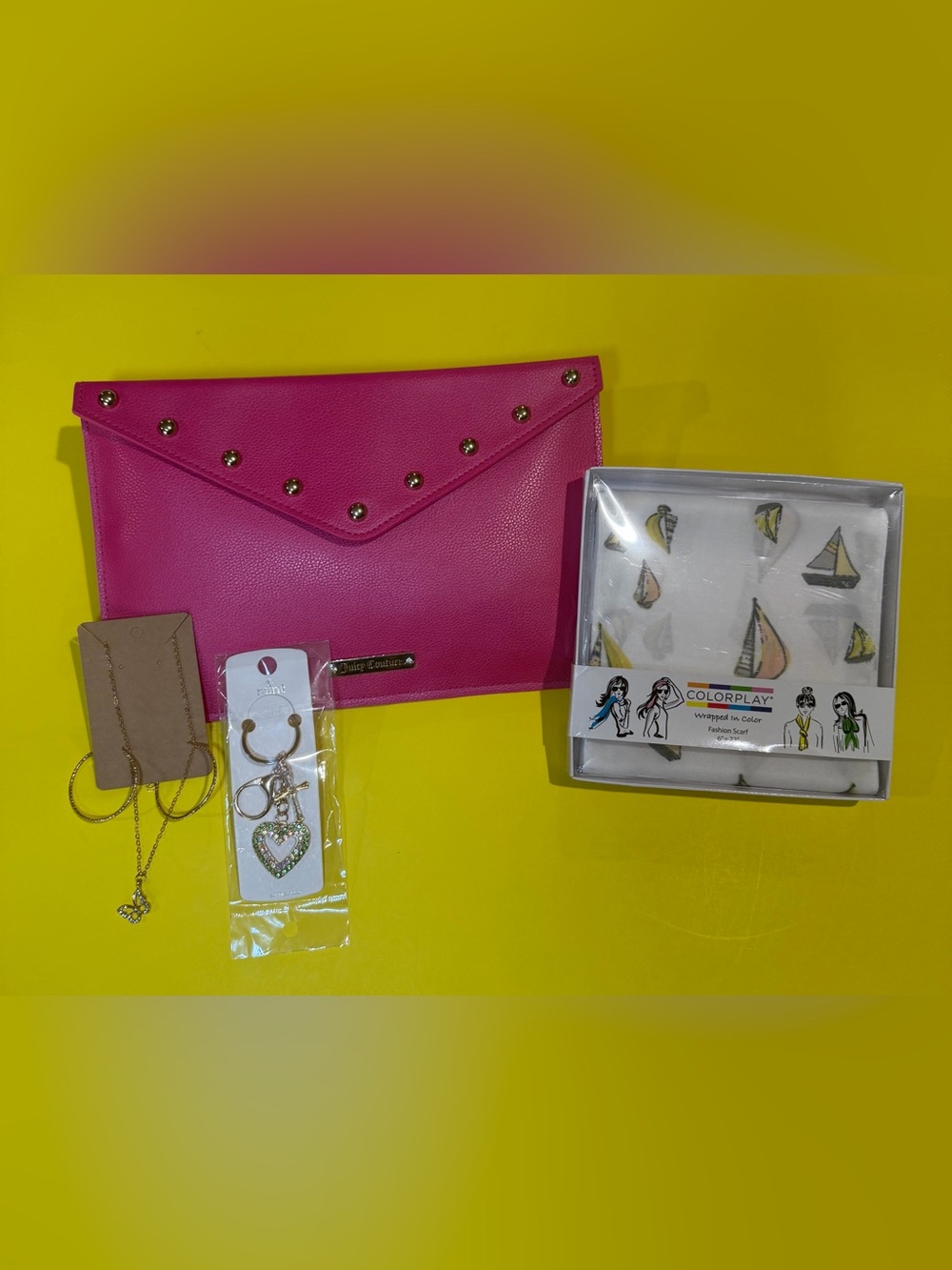 Juicy Couture Fuchsia Envelope Clutch with Gold-Tone Studs & accessories